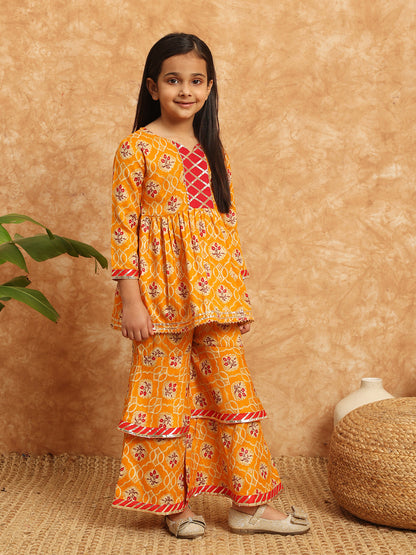 Frock Style Cotton Fabric Mustard Color Printed Kurti And Sharara With Gotta Lace Work