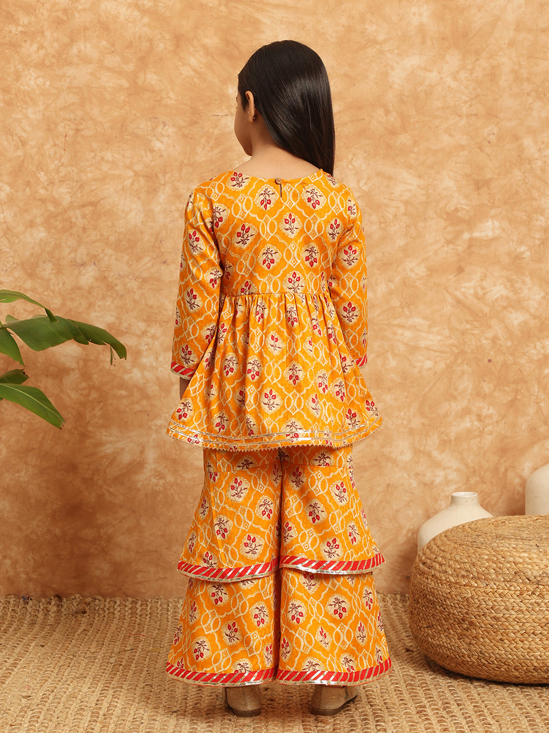 Frock Style Cotton Fabric Mustard Color Printed Kurti And Sharara With Gotta Lace Work