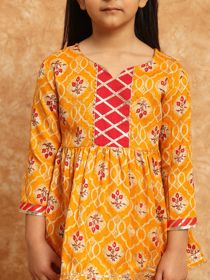 Frock Style Cotton Fabric Mustard Color Printed Kurti And Sharara With Gotta Lace Work
