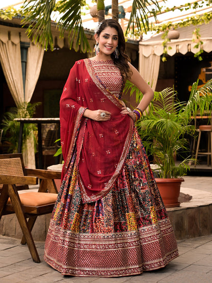Satin Silk Fabric Multi Color Embroidered Floral Printed Lehenga And Choli In Sequence Work With Dupatta