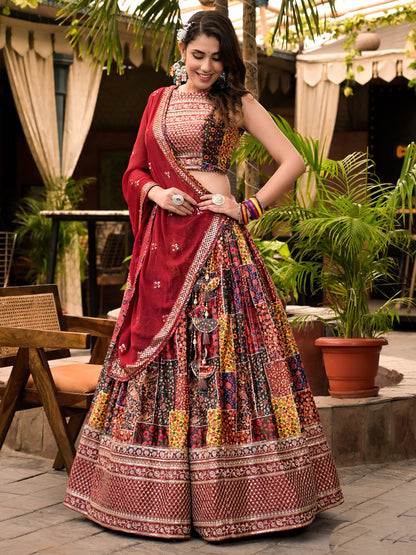 Satin Silk Fabric Multi Color Embroidered Floral Printed Lehenga And Choli In Sequence Work With Dupatta