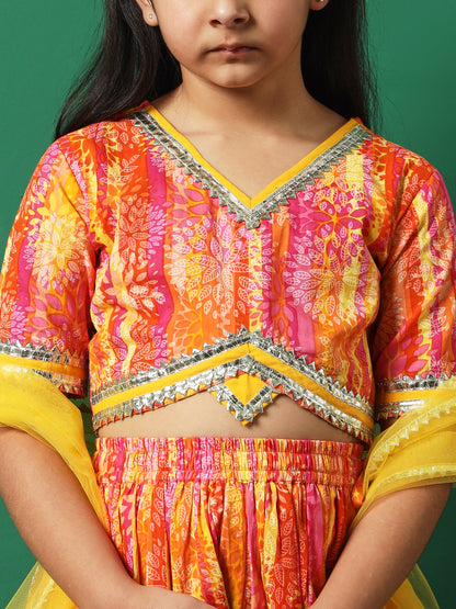 Straight Style Cotton Fabric Yellow Color Printed Lehenga Choli With Dupatta In Gotta Lace Work
