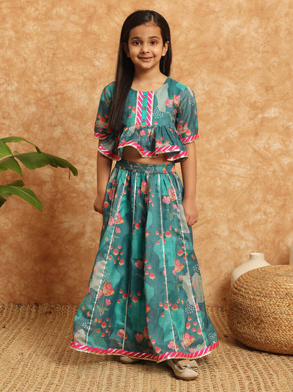 Peplum Style Kota Doria Fabric Teal Color Printed Lehenga Choli With Gotta Lace Work