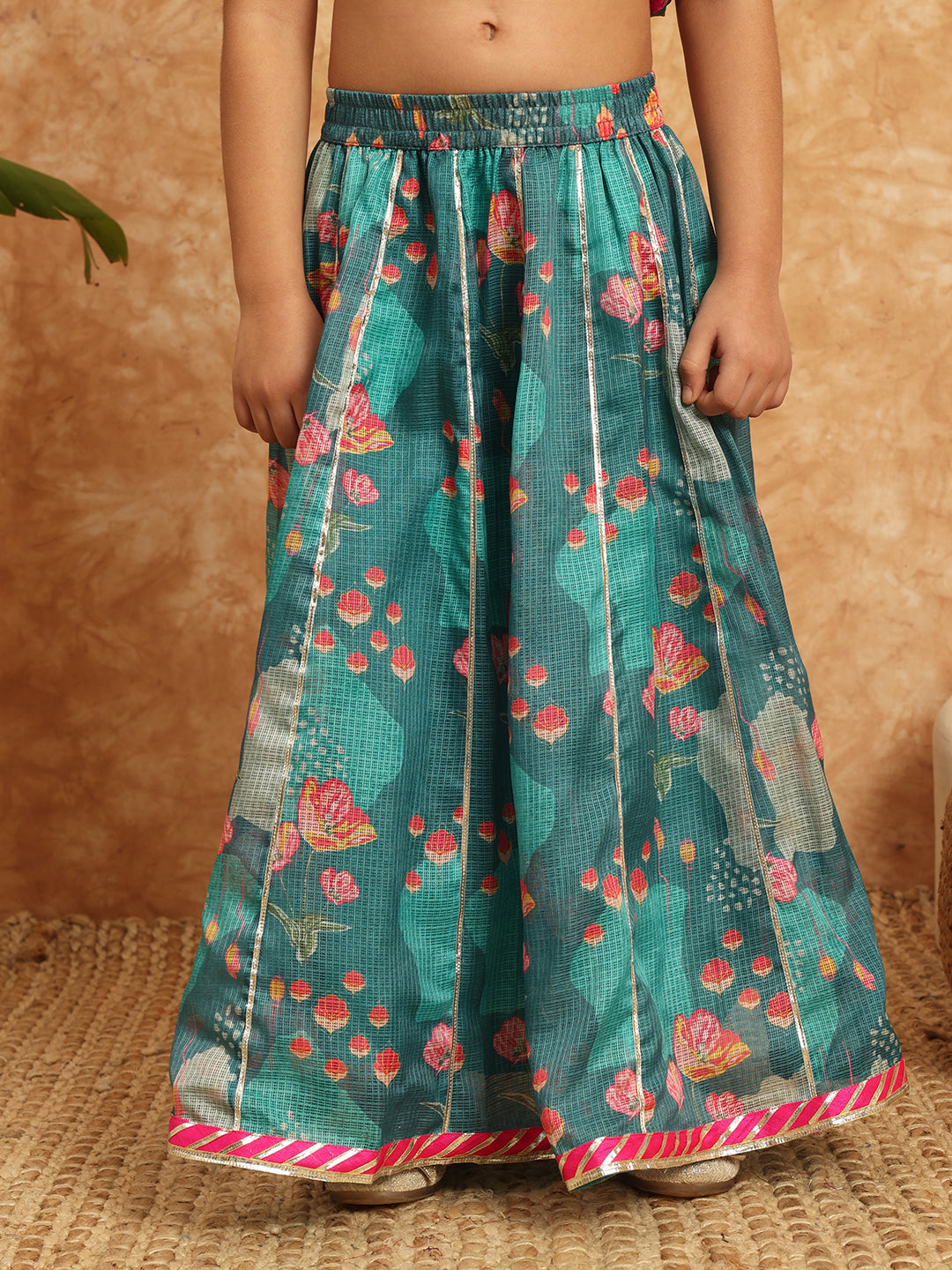 Peplum Style Kota Doria Fabric Teal Color Printed Lehenga Choli With Gotta Lace Work