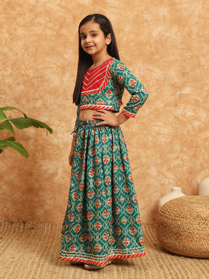 Straight Style Cotton Fabric Teal Color Printed Lehenga Choli With Gotta Lace Work