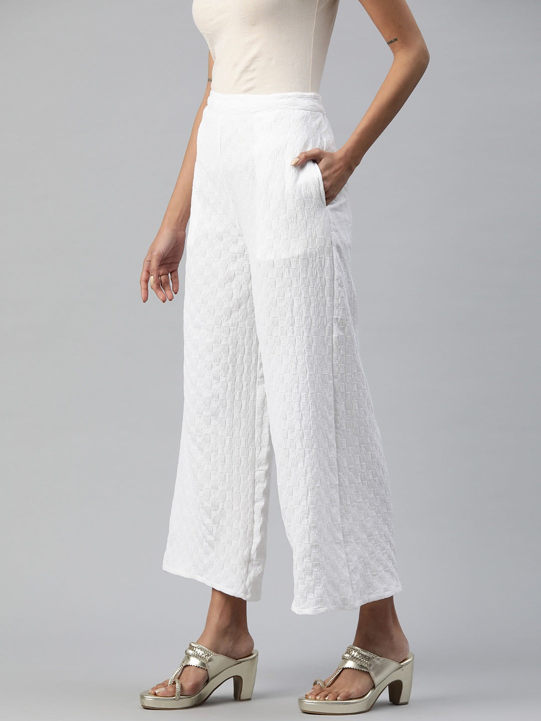Cotton Fabric White Color Regular Fit Palazzos