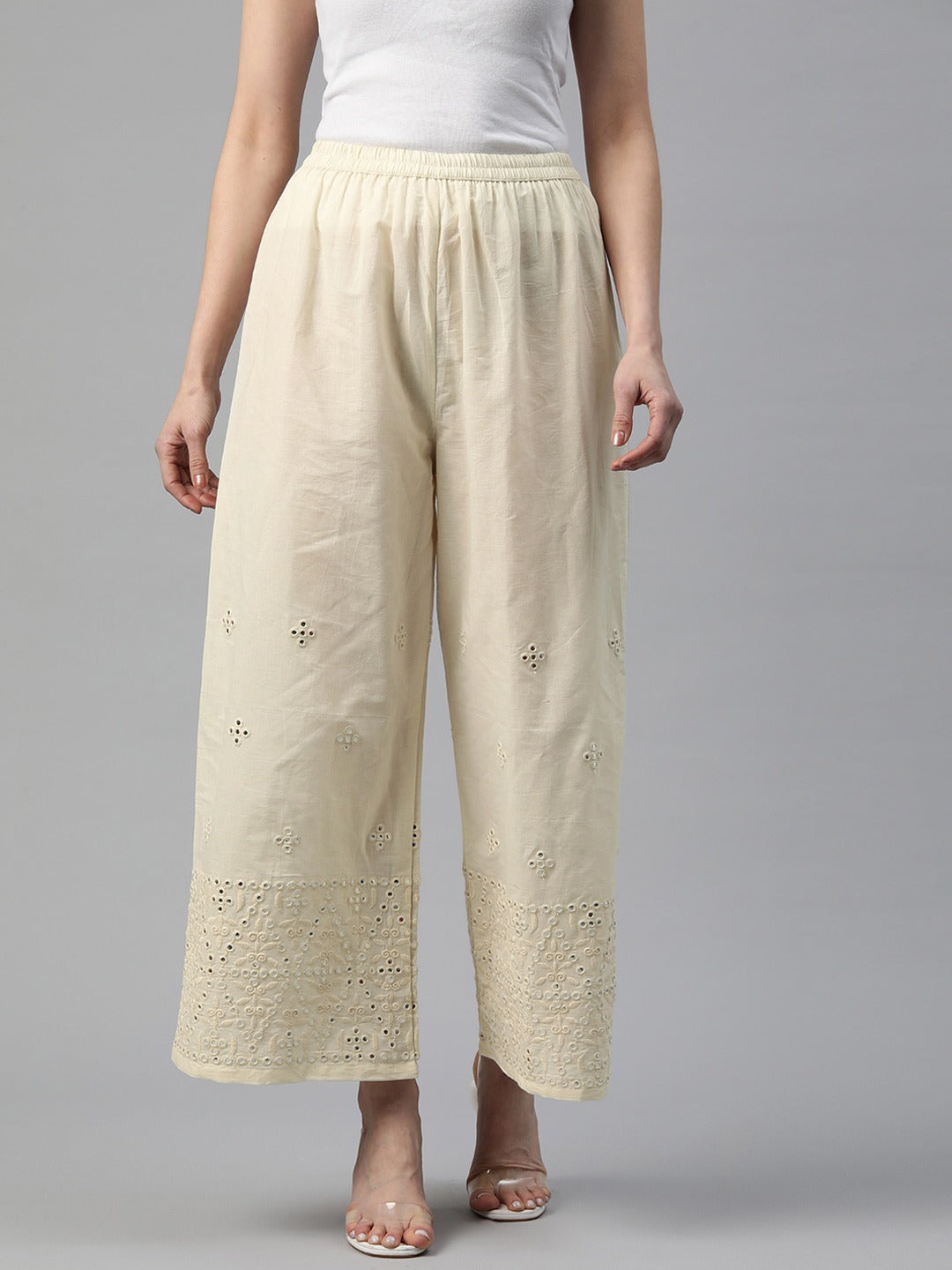 Cotton Fabric Off White Color Regular Fit Palazzos With Embroidered Work