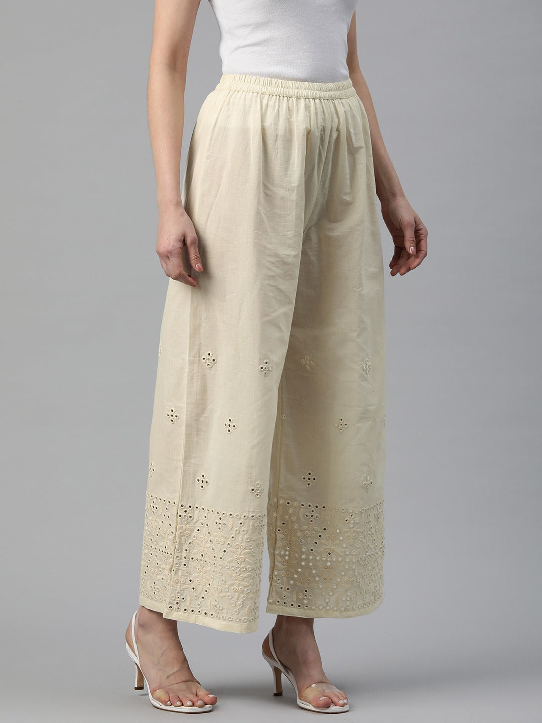Cotton Fabric Off White Color Regular Fit Palazzos With Embroidered Work