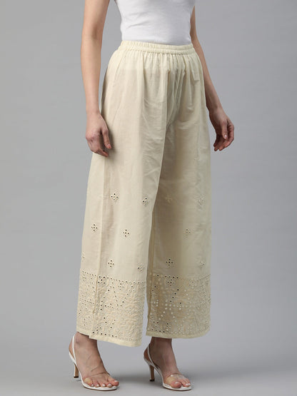 Cotton Fabric Off White Color Regular Fit Palazzos With Embroidered Work