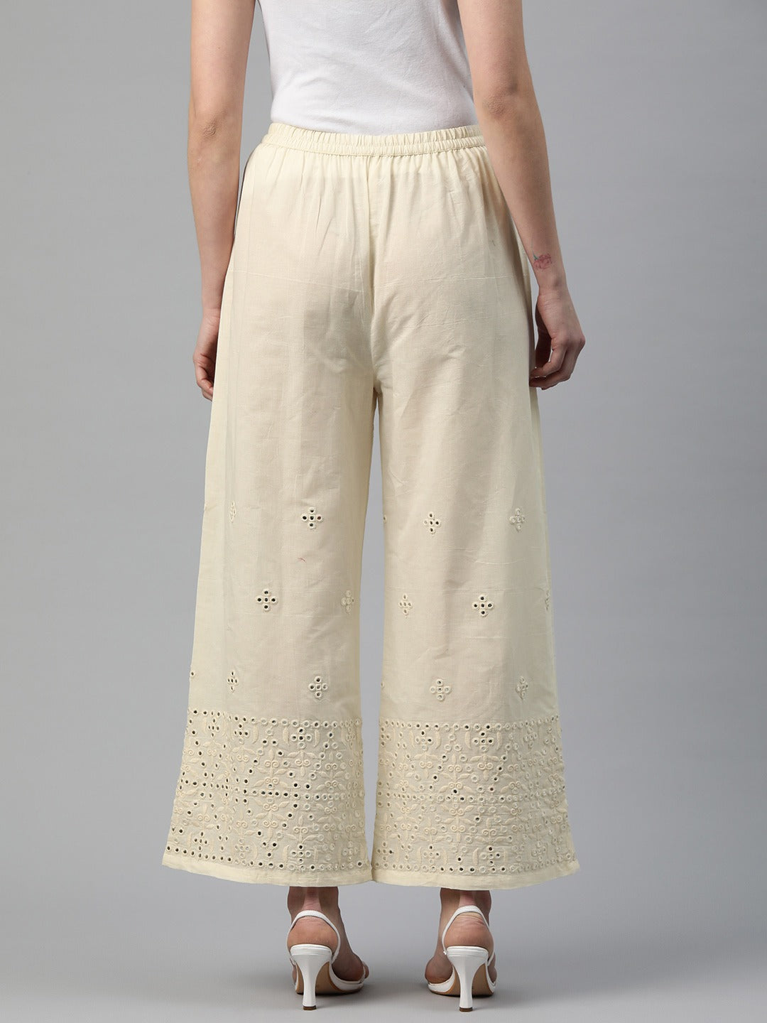 Cotton Fabric Off White Color Regular Fit Palazzos With Embroidered Work
