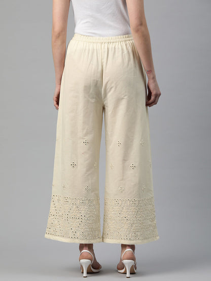 Cotton Fabric Off White Color Regular Fit Palazzos With Embroidered Work