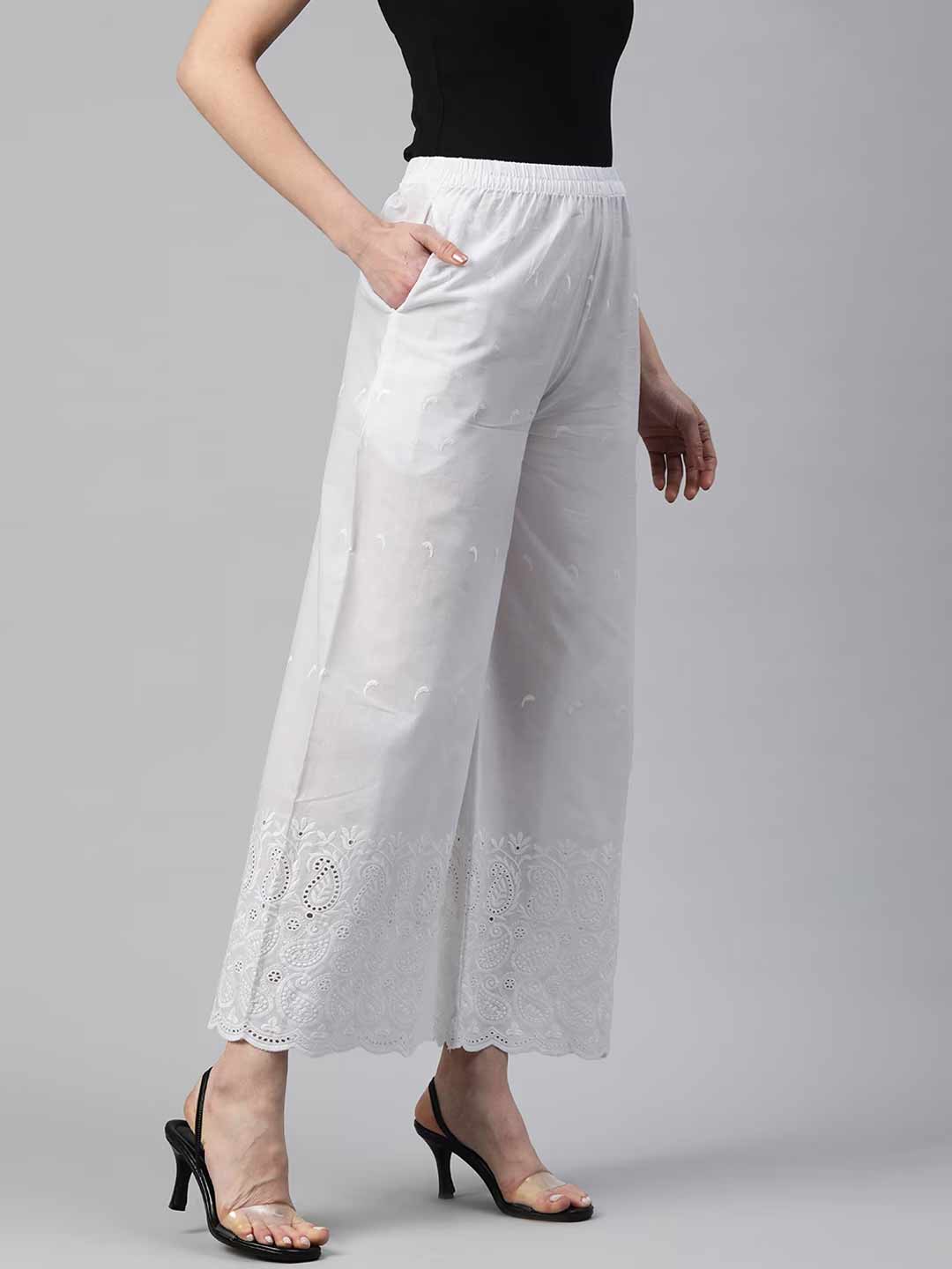 Cotton Fabric White Color Regular Fit Palazzos With Chikankari Work