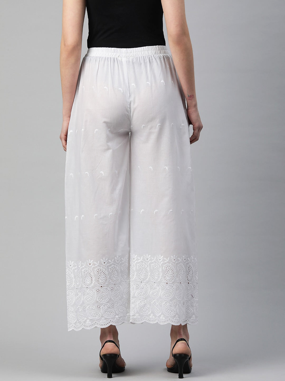 Cotton Fabric White Color Regular Fit Palazzos With Chikankari Work