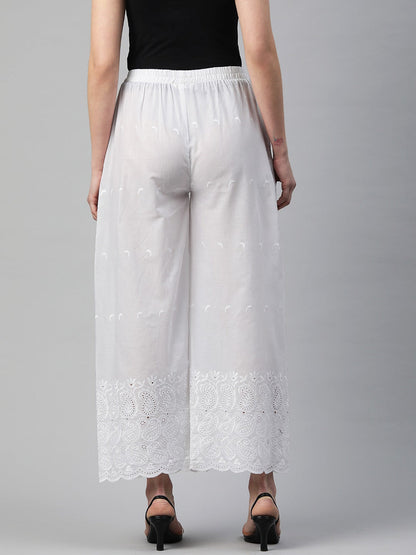 Cotton Fabric White Color Regular Fit Palazzos With Chikankari Work