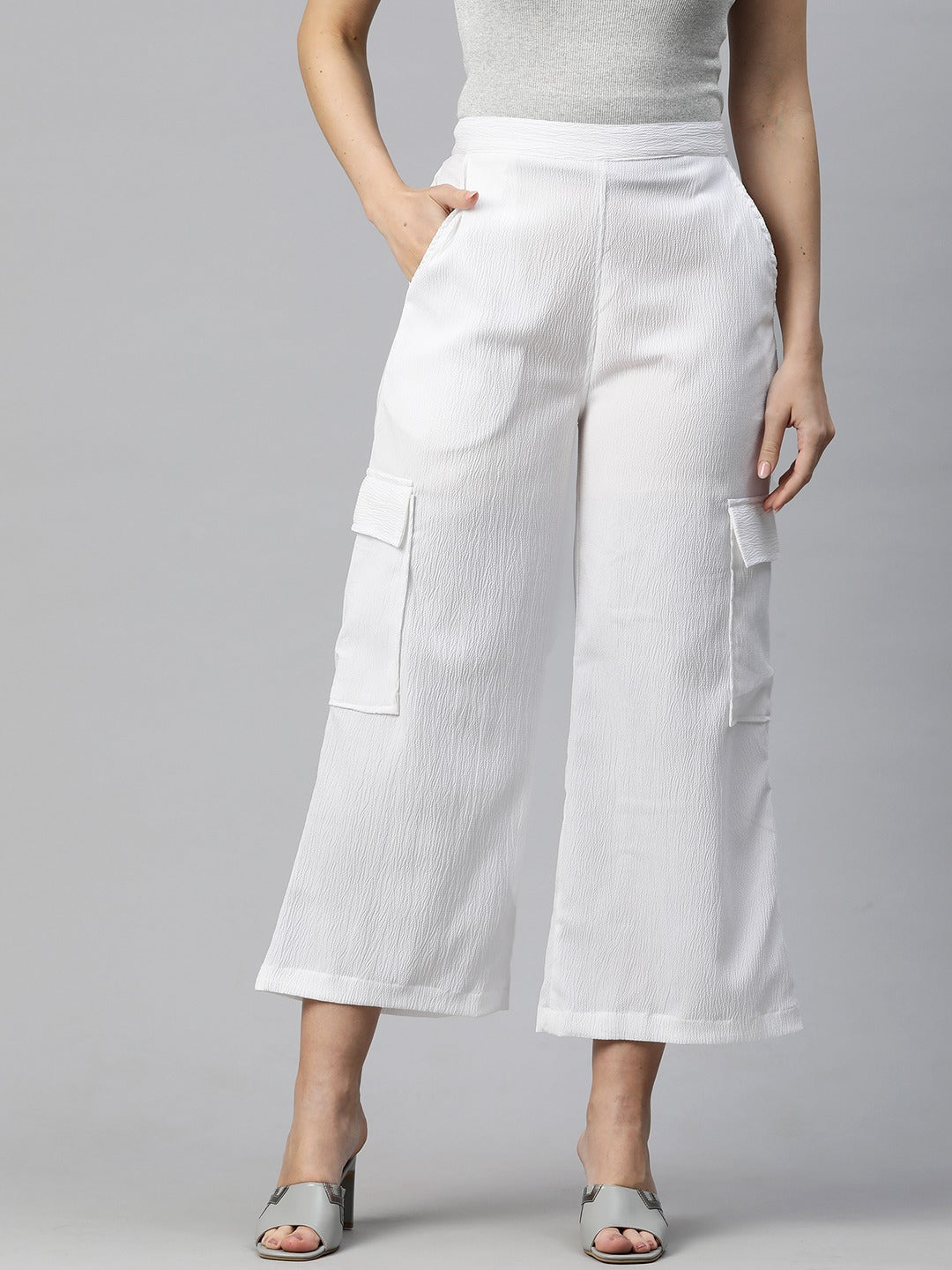 Polyester Fabric White Color Regular Fit Palazzos