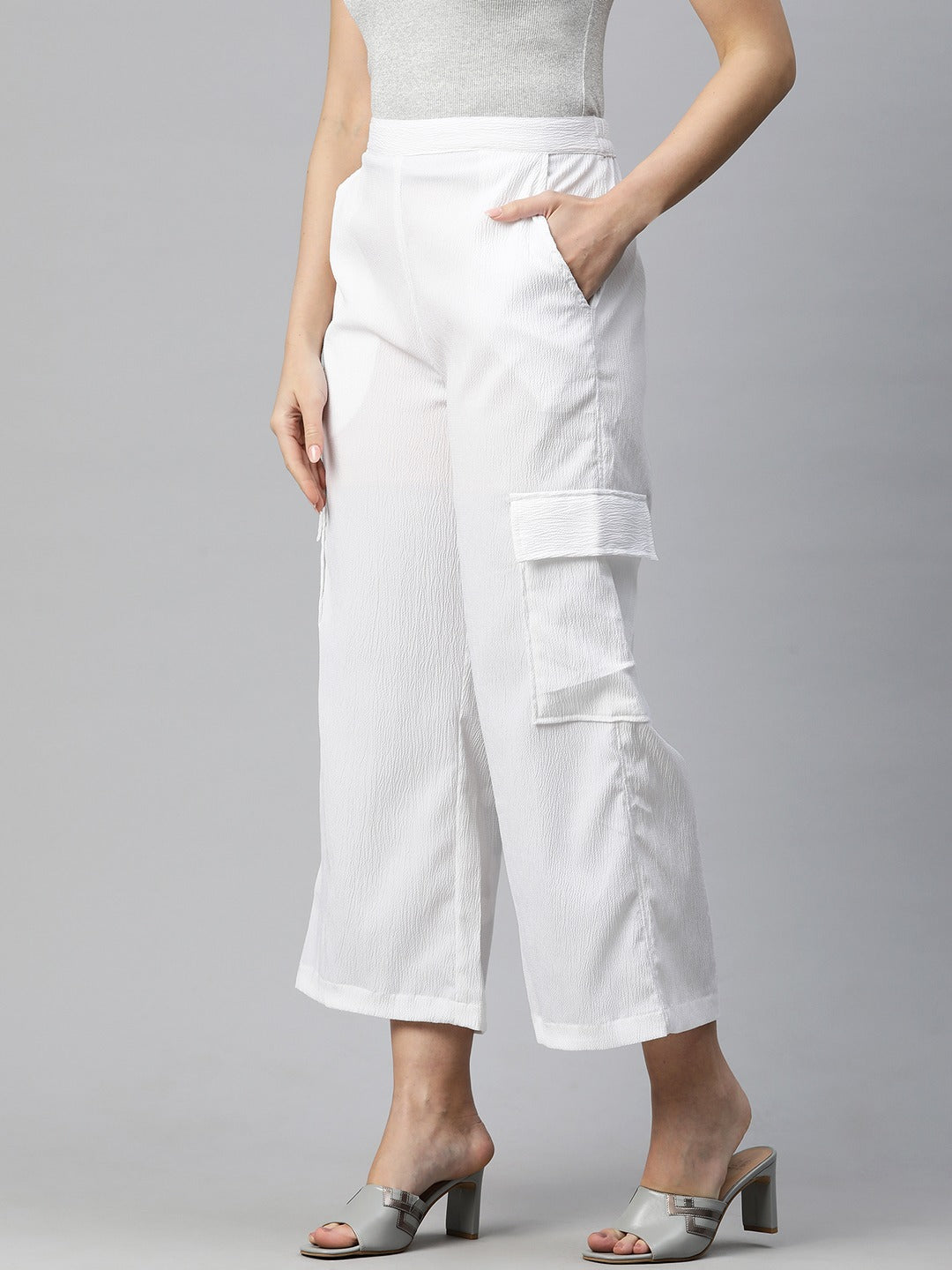 Polyester Fabric White Color Regular Fit Palazzos