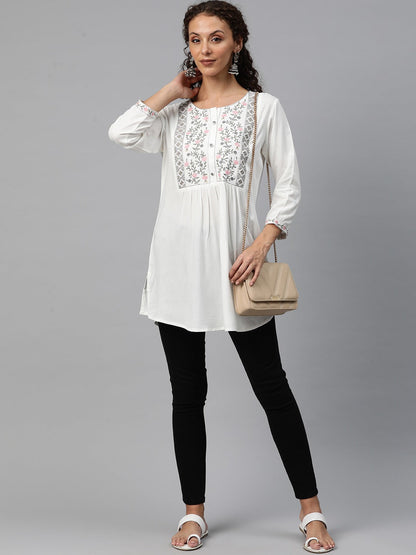 A-Line Style Rayon Fabric White Color Short Kurti With Thread & Zari Work
