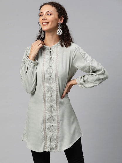 A-Line Style Cotton Fabric Grey Color Short Kurti With Thread Work
