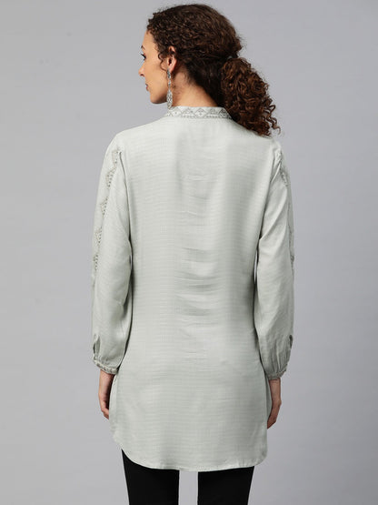 A-Line Style Cotton Fabric Grey Color Short Kurti With Thread Work