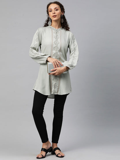 A-Line Style Cotton Fabric Grey Color Short Kurti With Thread Work
