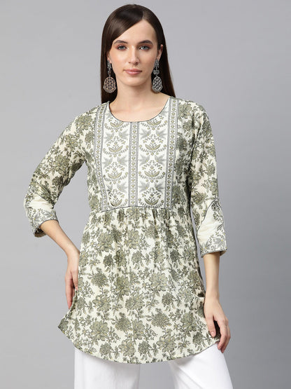 Frock Style Cotton Fabric Green Color Printed Short Kurti With Thread & Zari Work