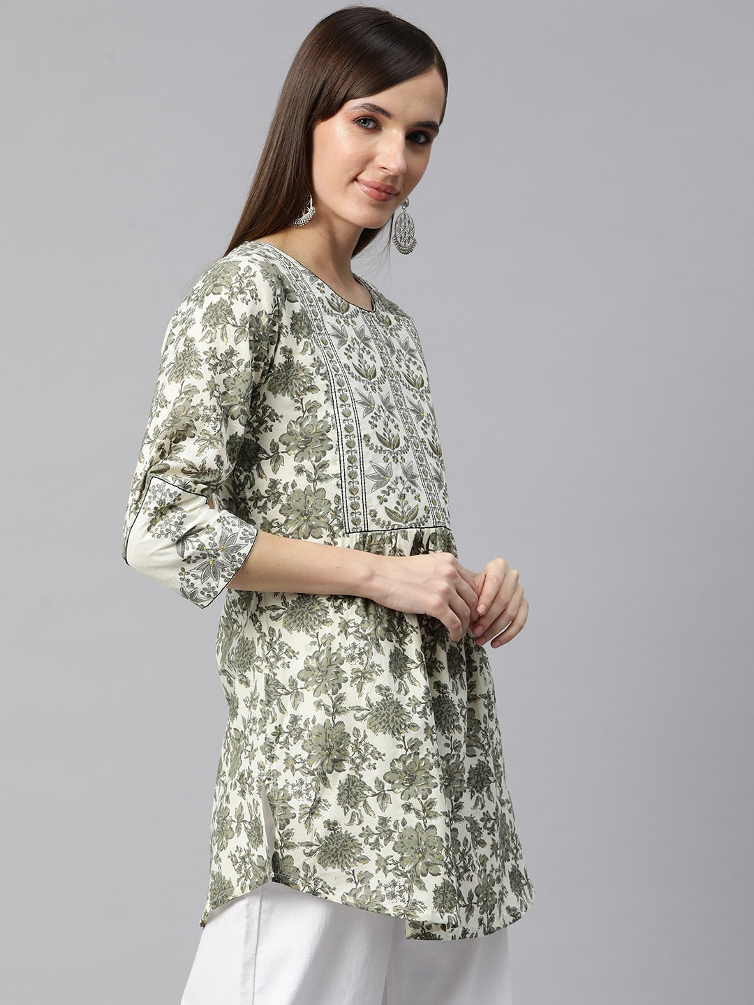 Frock Style Cotton Fabric Green Color Printed Short Kurti With Thread & Zari Work