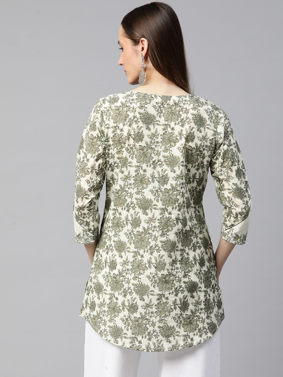 Frock Style Cotton Fabric Green Color Printed Short Kurti With Thread & Zari Work