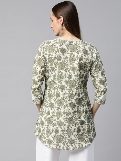 Frock Style Cotton Fabric Green Color Printed Short Kurti With Thread & Zari Work