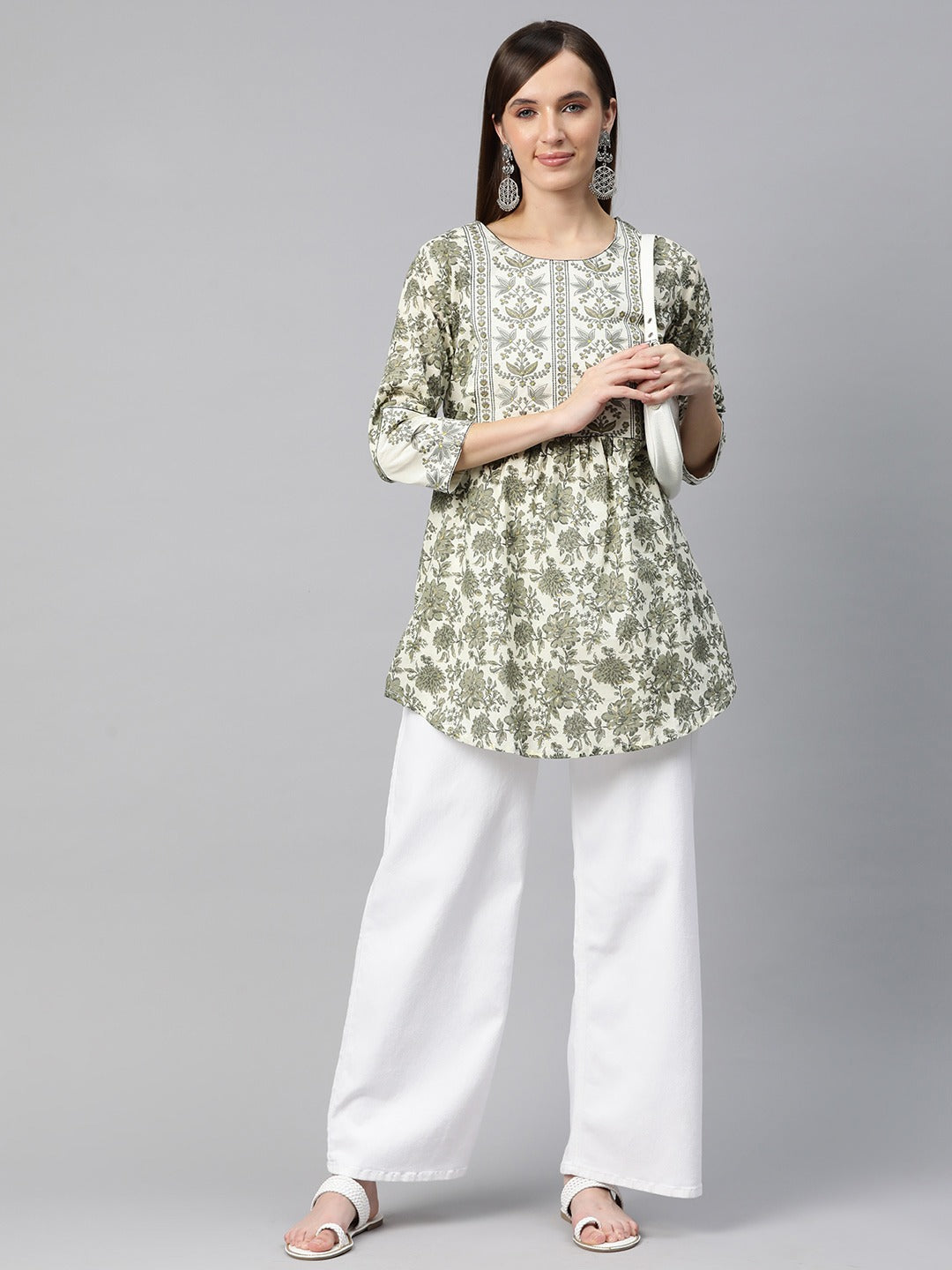 Frock Style Cotton Fabric Green Color Printed Short Kurti With Thread & Zari Work