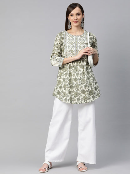 Frock Style Cotton Fabric Green Color Printed Short Kurti With Thread & Zari Work