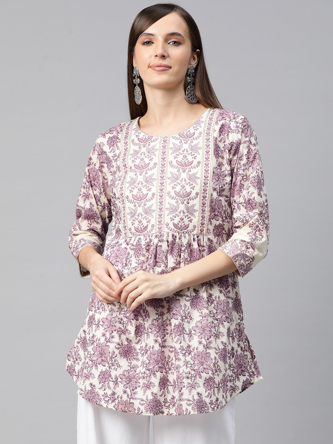 Frock Style Cotton Fabric Purple Color Printed Short Kurti With Thread & Zari Work