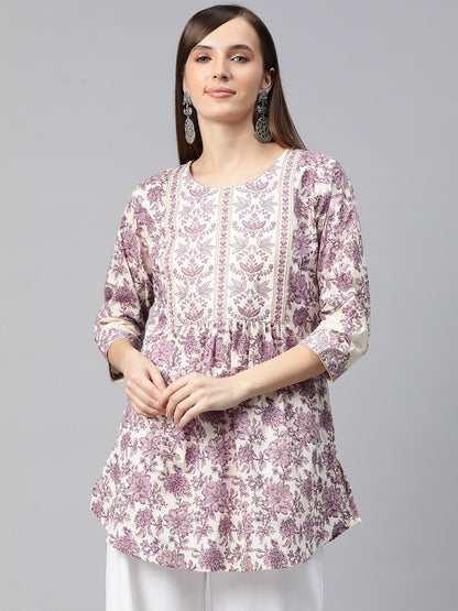 Frock Style Cotton Fabric Purple Color Printed Short Kurti With Thread & Zari Work