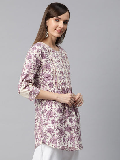 Frock Style Cotton Fabric Purple Color Printed Short Kurti With Thread & Zari Work