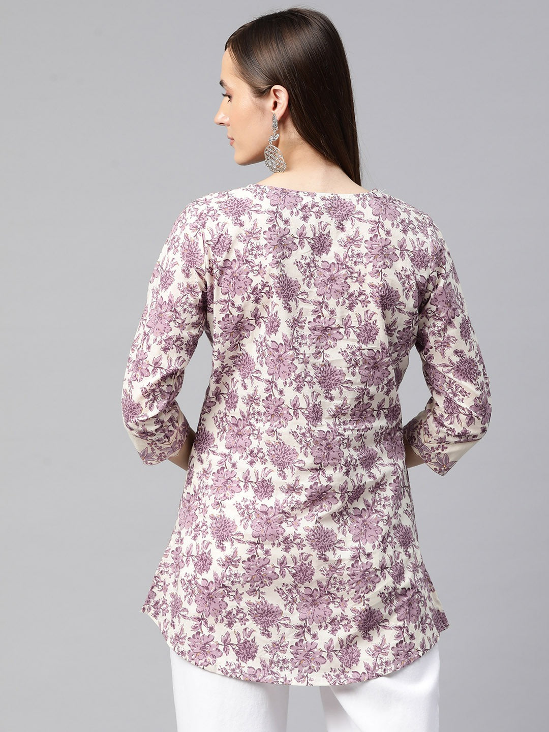 Frock Style Cotton Fabric Purple Color Printed Short Kurti With Thread & Zari Work