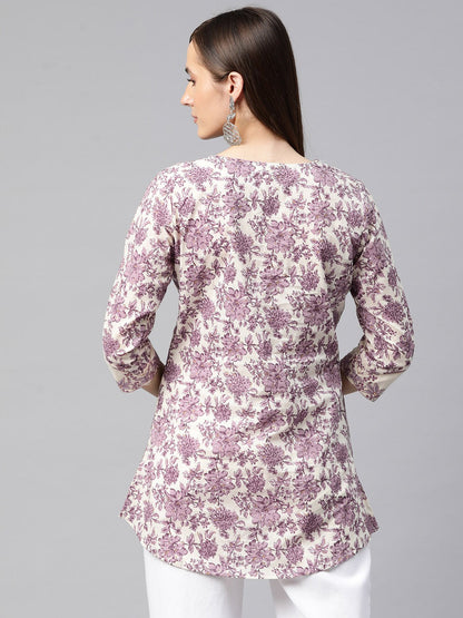 Frock Style Cotton Fabric Purple Color Printed Short Kurti With Thread & Zari Work