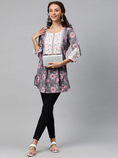 Frock Style Cotton Fabric Blue Color Printed Short Kurti With Thread & Zari Work