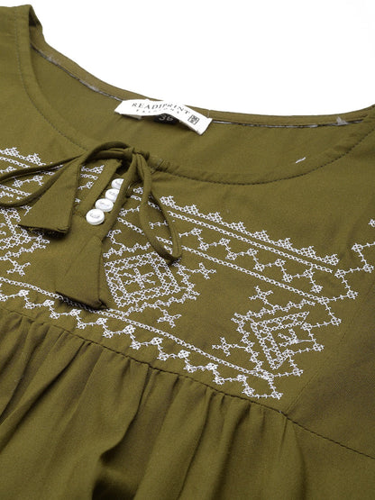 Peplum Style Rayon Fabric Green Color Geometric Embroidered Kurti