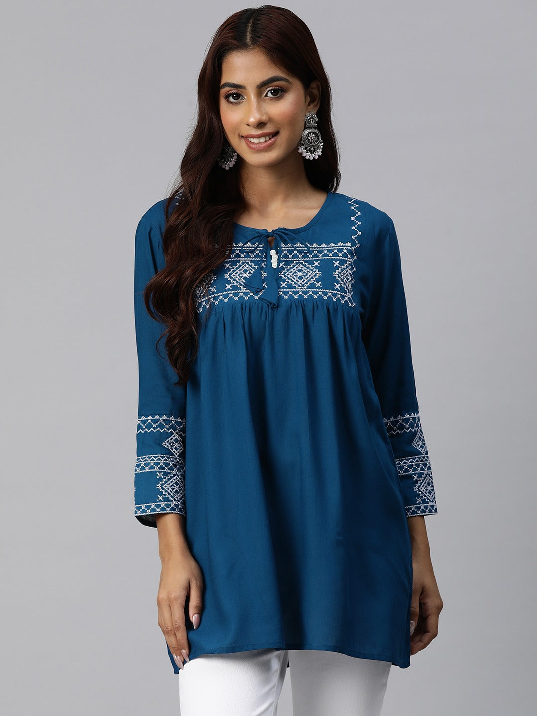 Peplum Style Rayon Fabric Blue Color Geometric Embroidered Kurti