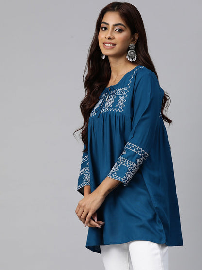 Peplum Style Rayon Fabric Blue Color Geometric Embroidered Kurti