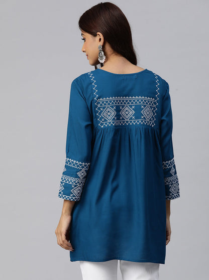 Peplum Style Rayon Fabric Blue Color Geometric Embroidered Kurti