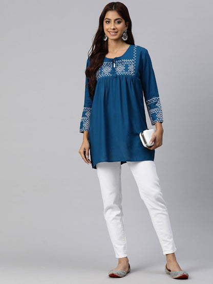 Peplum Style Rayon Fabric Blue Color Geometric Embroidered Kurti