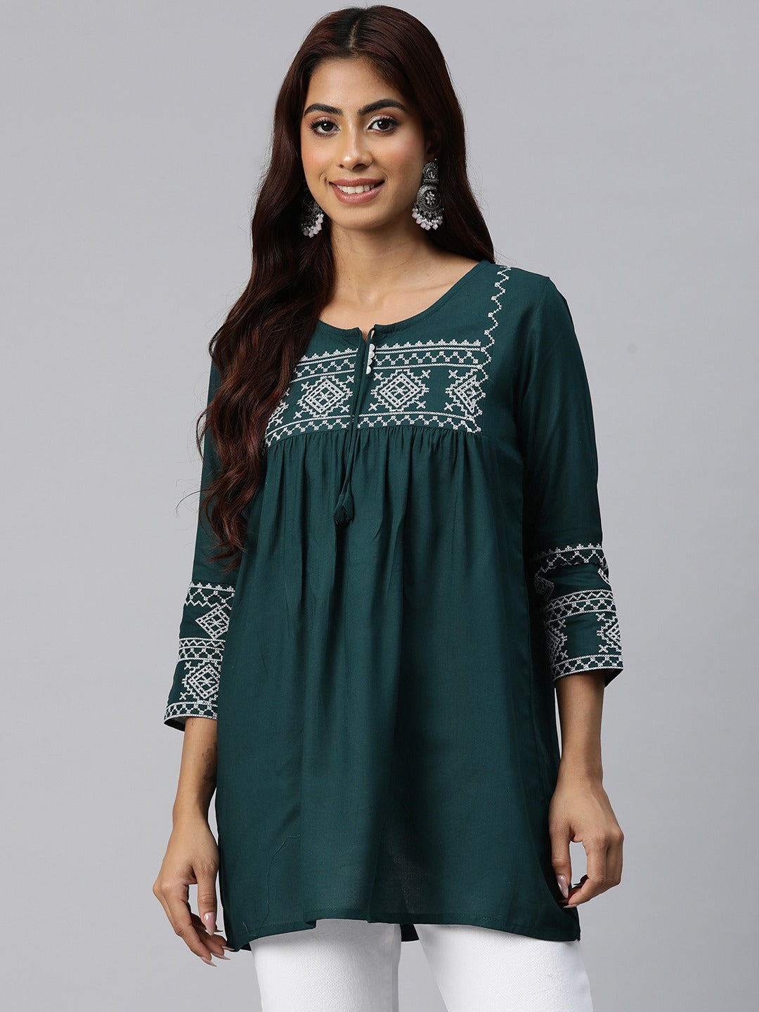 Peplum Style Rayon Fabric Teal Color Geometric Embroidered Kurti