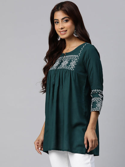 Peplum Style Rayon Fabric Teal Color Geometric Embroidered Kurti