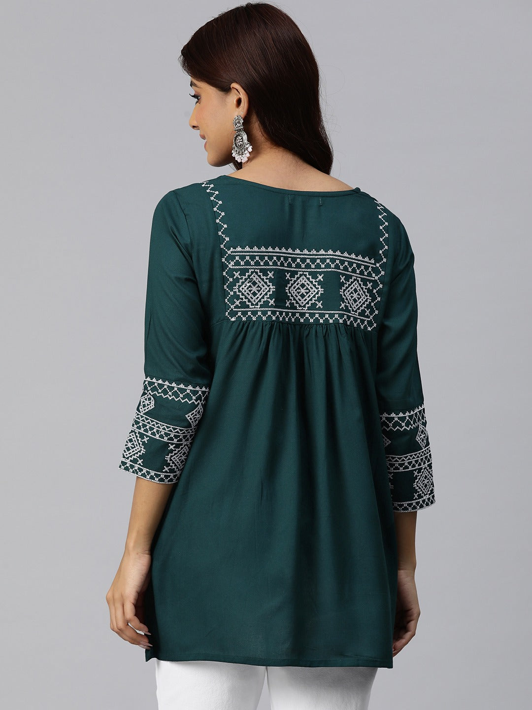 Peplum Style Rayon Fabric Teal Color Geometric Embroidered Kurti