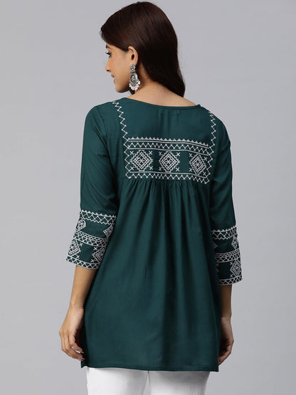 Peplum Style Rayon Fabric Teal Color Geometric Embroidered Kurti