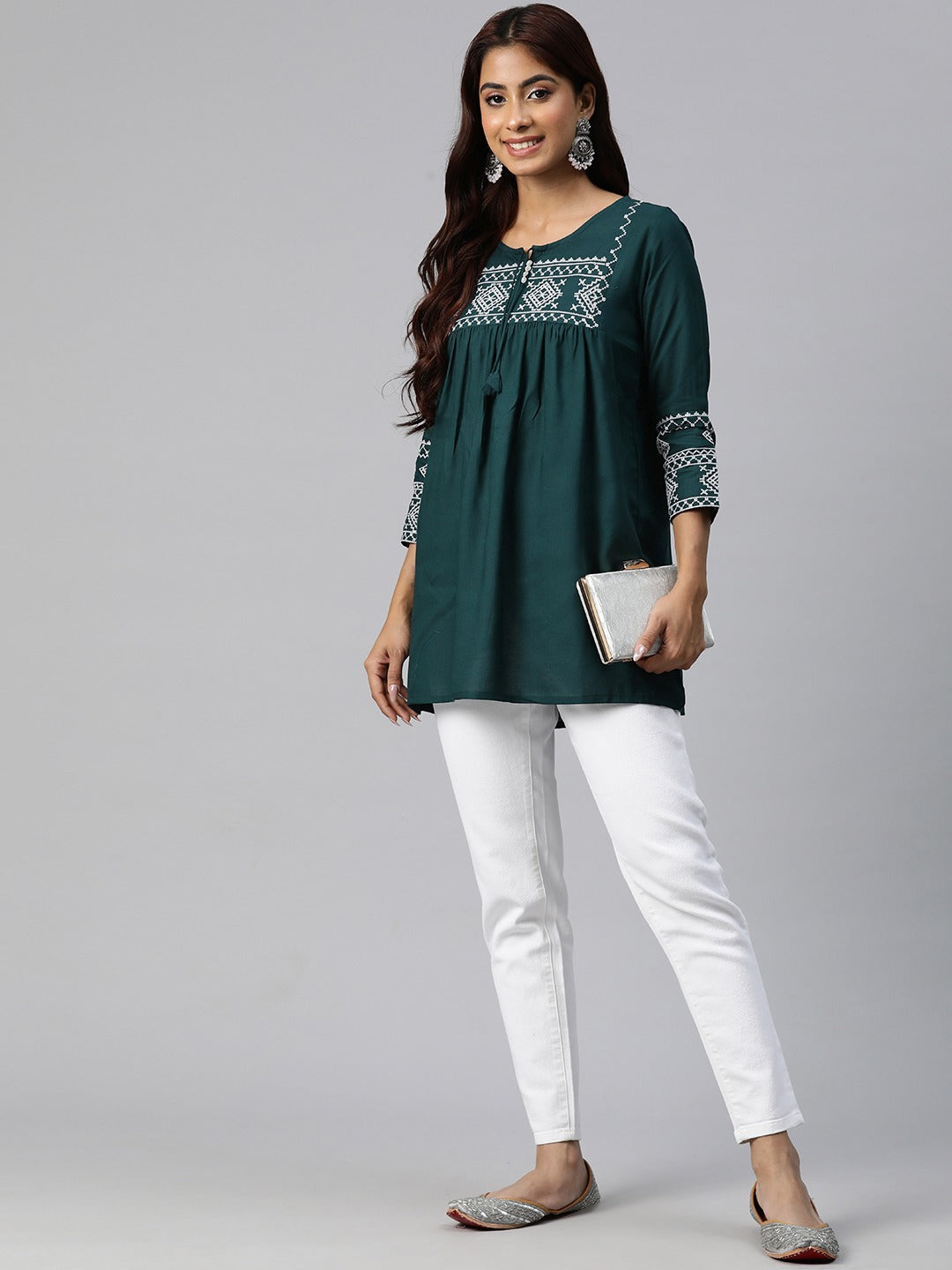 Peplum Style Rayon Fabric Teal Color Geometric Embroidered Kurti