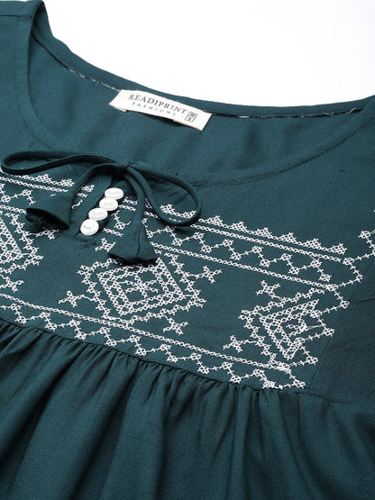 Peplum Style Rayon Fabric Teal Color Geometric Embroidered Kurti