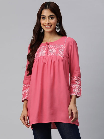 Peplum Style Rayon Fabric Pink Color Geometric Embroidered Kurti