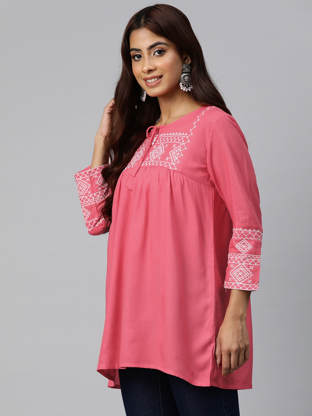 Peplum Style Rayon Fabric Pink Color Geometric Embroidered Kurti