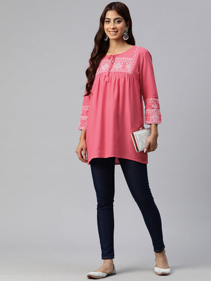 Peplum Style Rayon Fabric Pink Color Geometric Embroidered Kurti